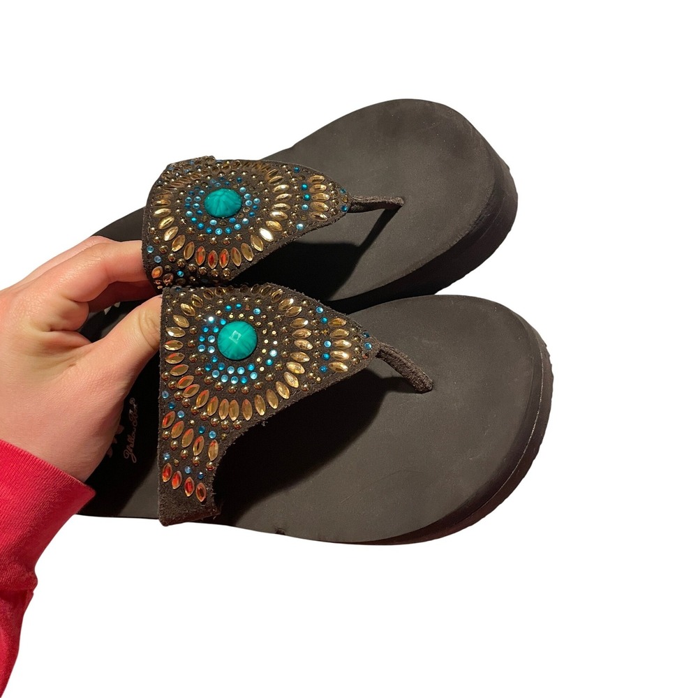 Yellow Box Jovanna Brown Beaded Platform Flip Flops Turquoise Studded Wedge 8 - Picture 2 of 8